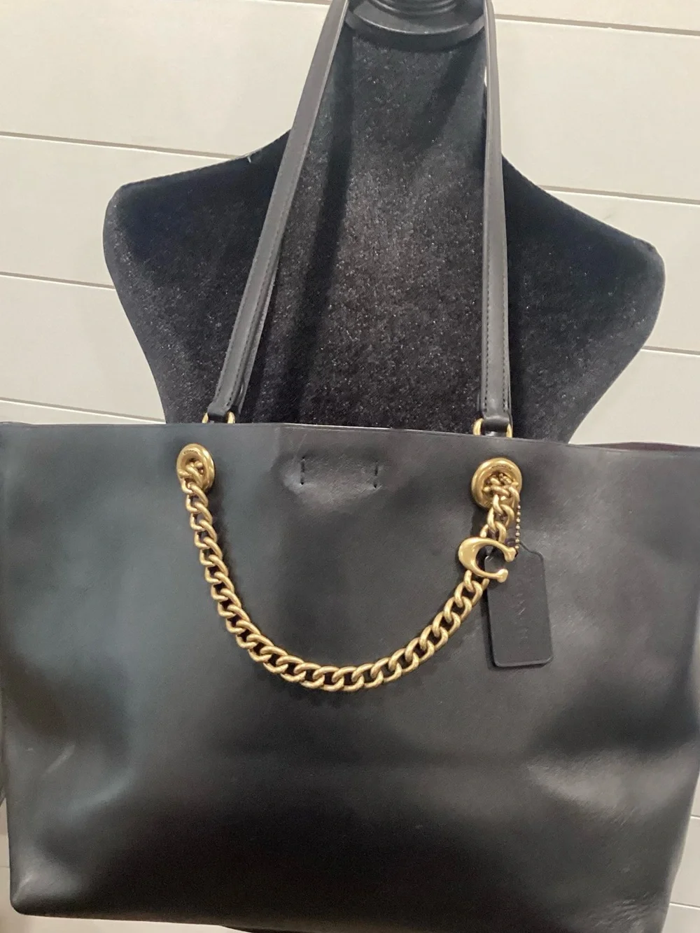 Coach Black Leather Tote with Gold Chain Handles - Picture 5 of 6